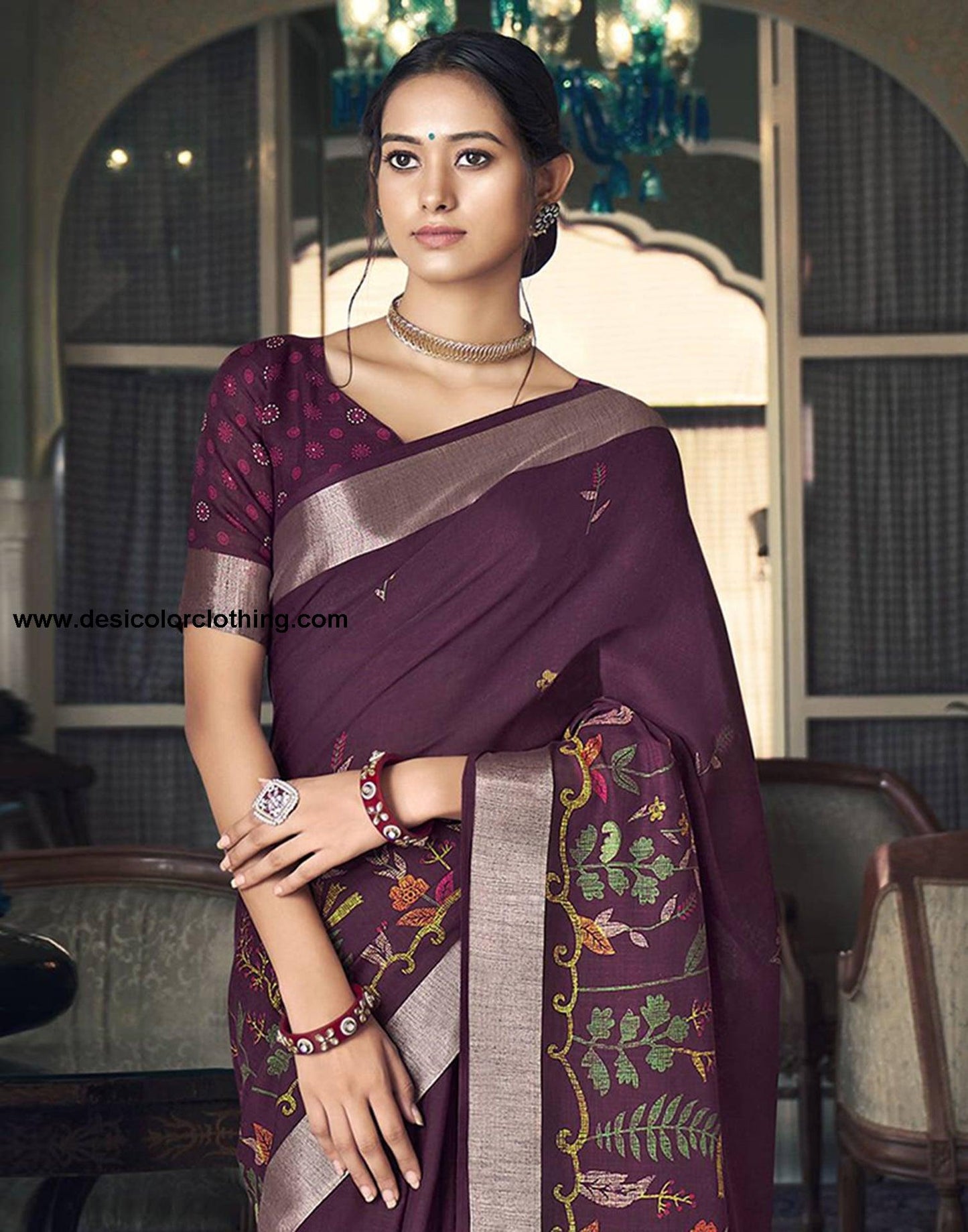 Wine Printed Cotton Saree