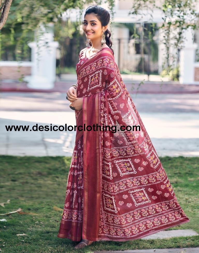 Wine Silk Printed Saree