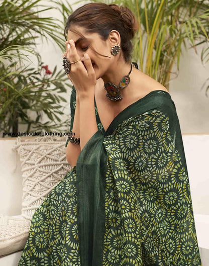 Dark Green Cotton Printed Saree