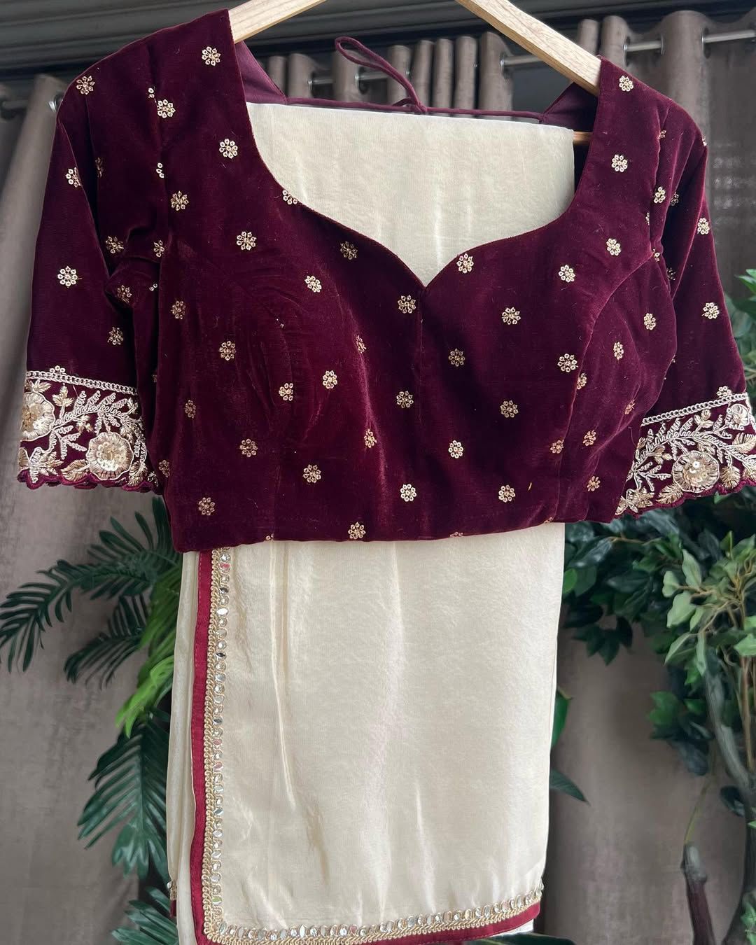 Product Image - Designer Mirror Lace Saree with Velvet Embroidery Blouse