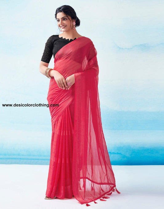 Pink Georgette Plain Saree