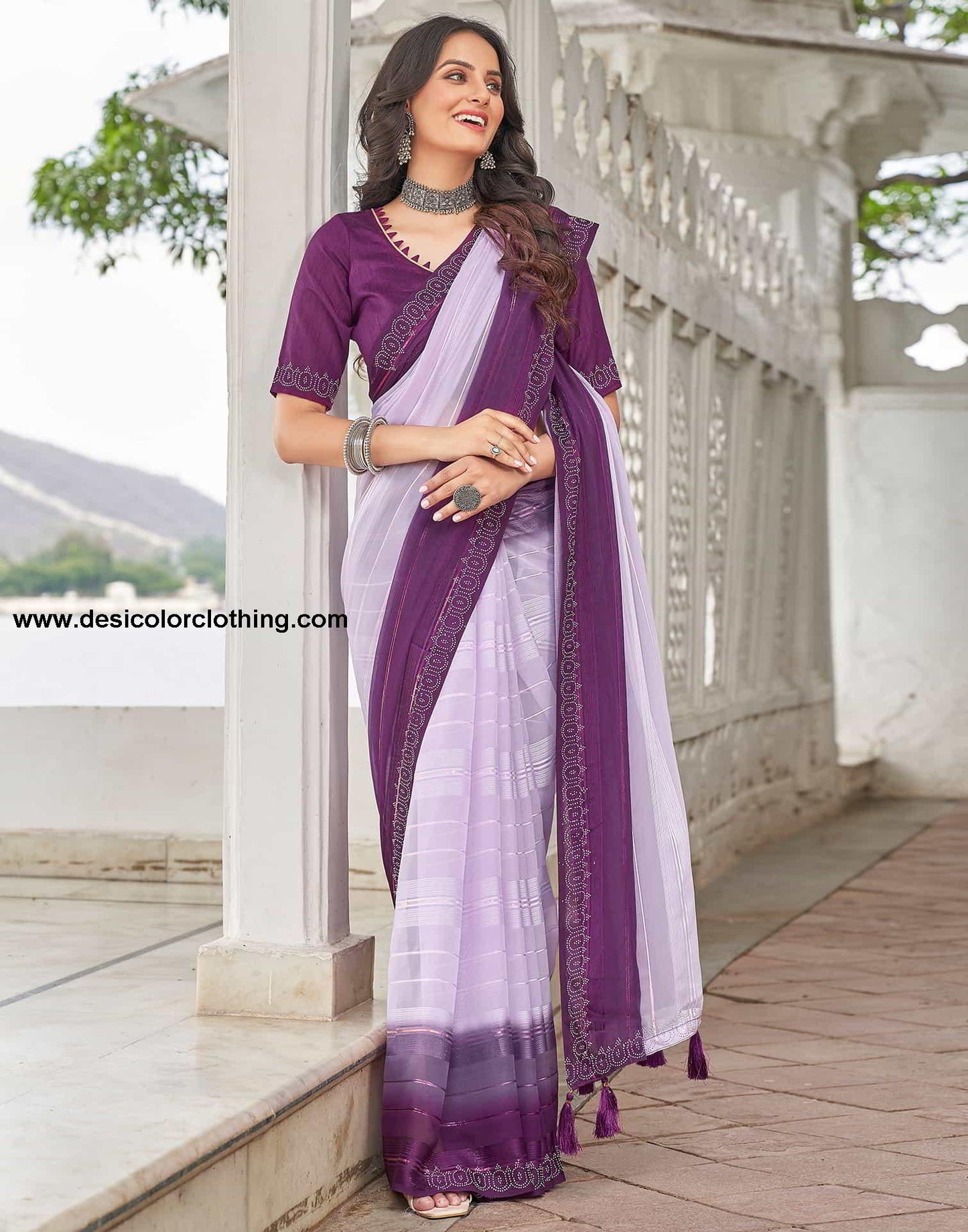 Purple Swarovski Georgette Stone Work Saree