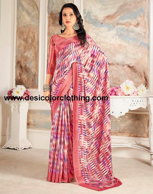 Rose Pink  Silk Printed Sarees