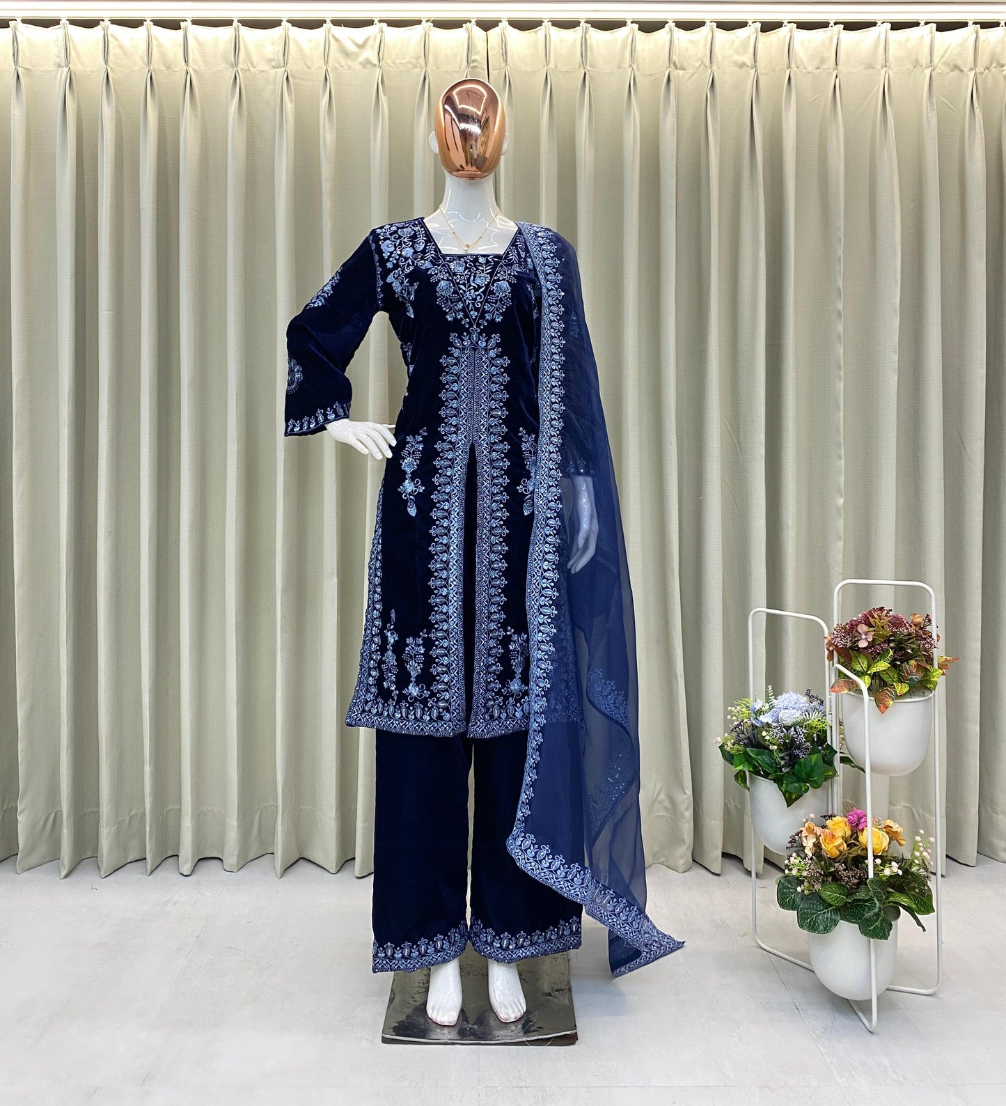Product Image - Adorable Heavy Velvet Sequence Embroidery Work Suit with Plazo and Dupatta