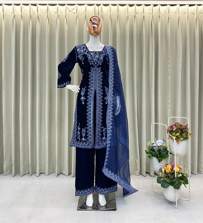 Product Image - Adorable Heavy Velvet Sequence Embroidery Work Suit with Plazo and Dupatta