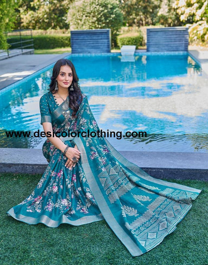Teal Blue Silk Printed Saree
