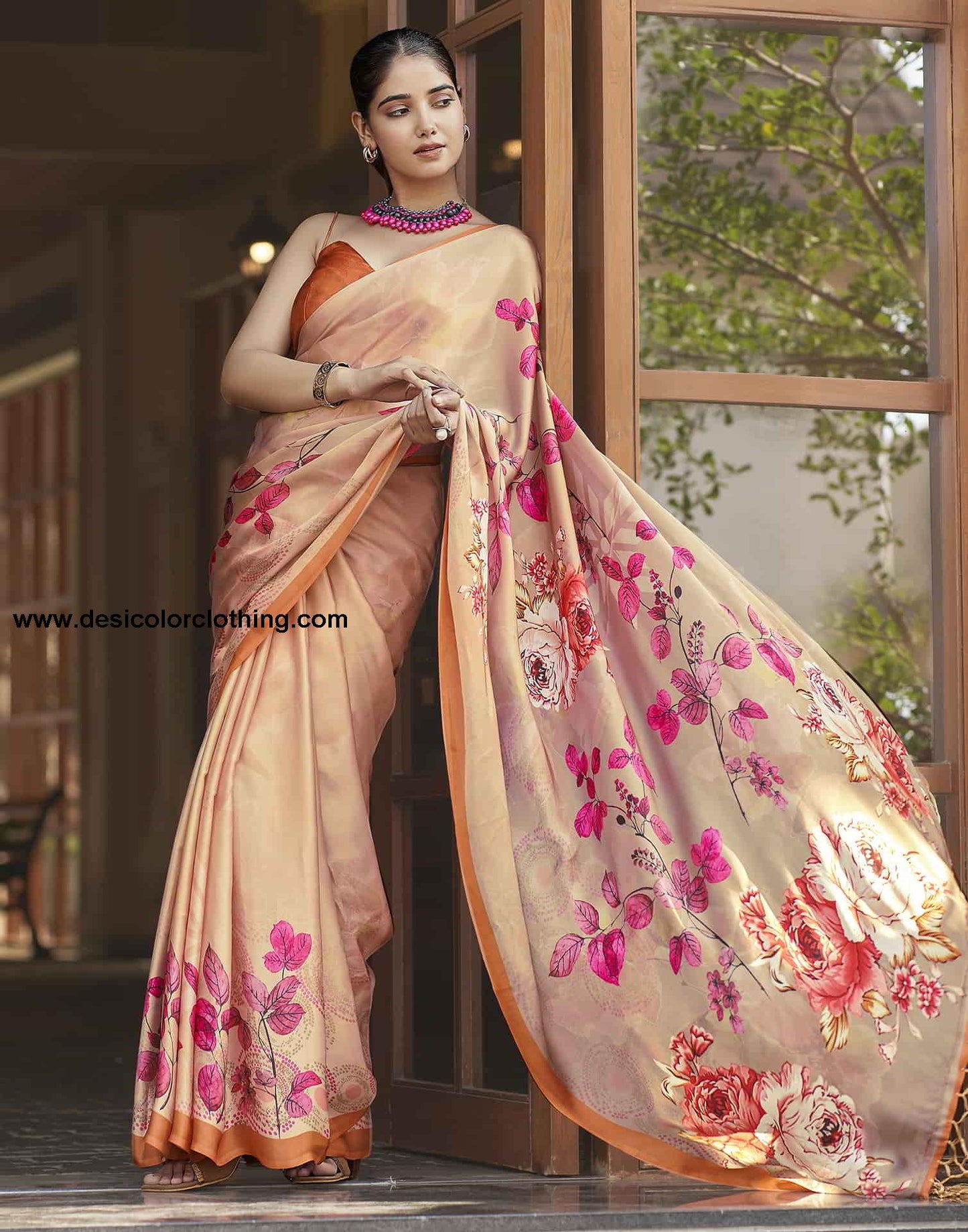 Beige Printed Satin Saree
