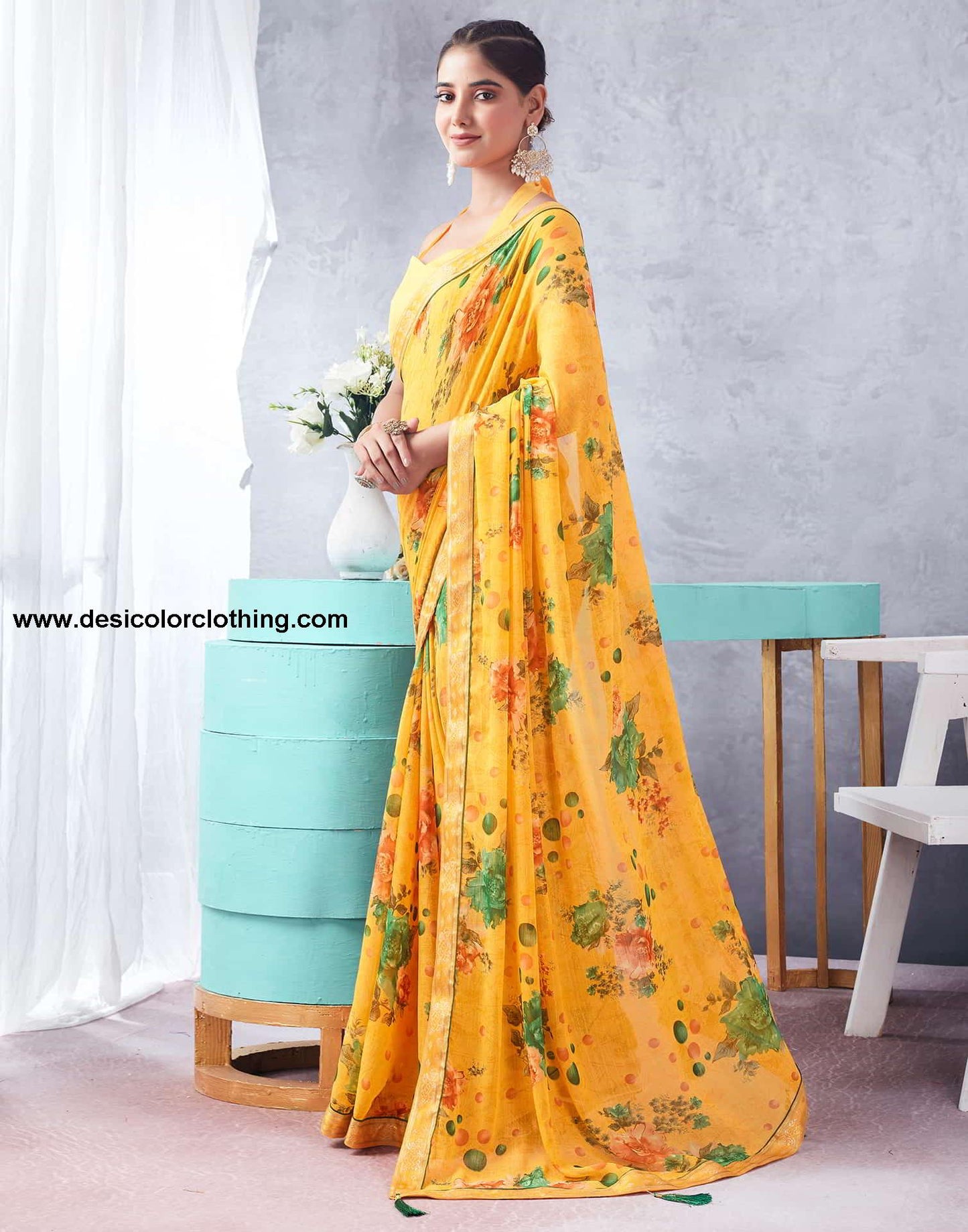 Yellow Printed Chiffon Saree