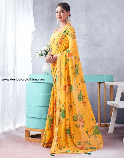 Yellow Printed Chiffon Saree