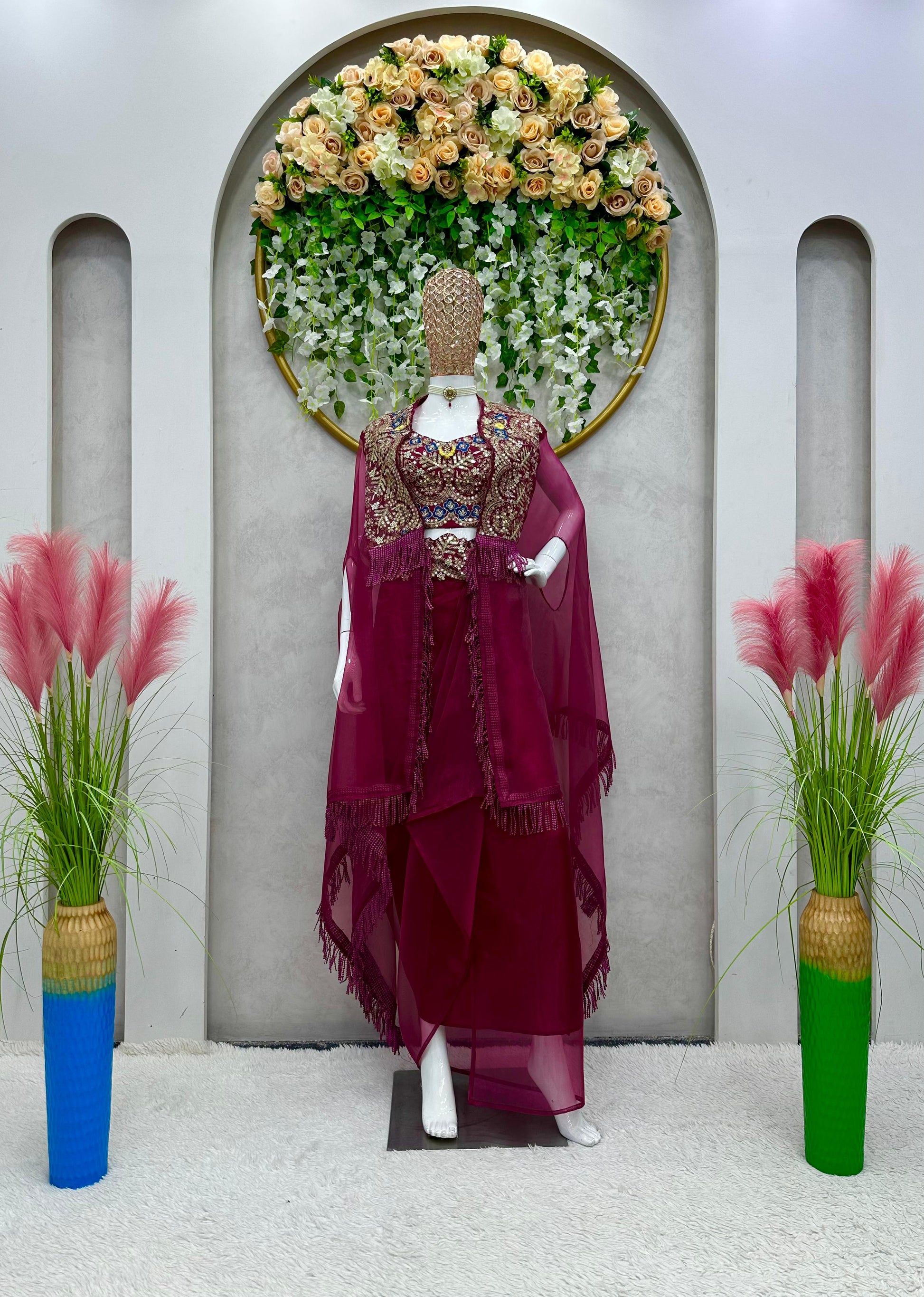 Product Image - Elegant Designer Western Style Dhoti with Choli and Shrug in Organza Silk