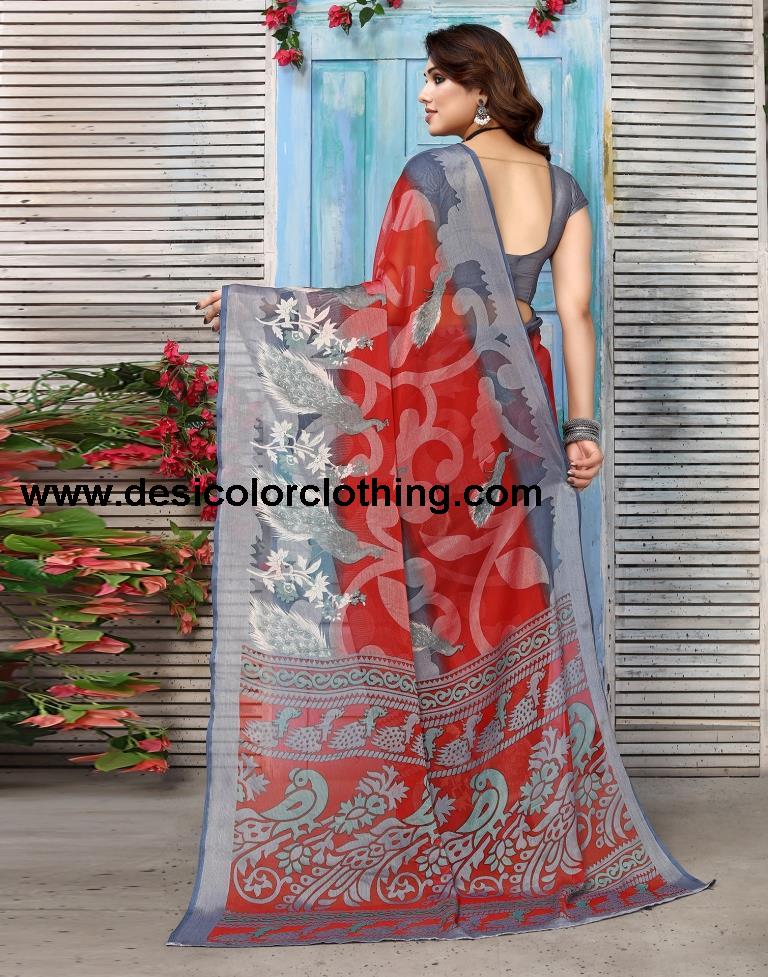 Red Brasso Self Woven Saree