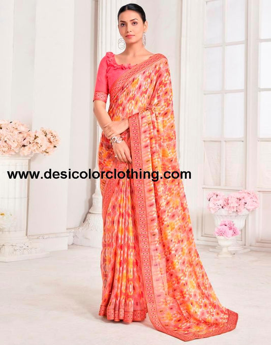 Peach Chiffon Printed Saree