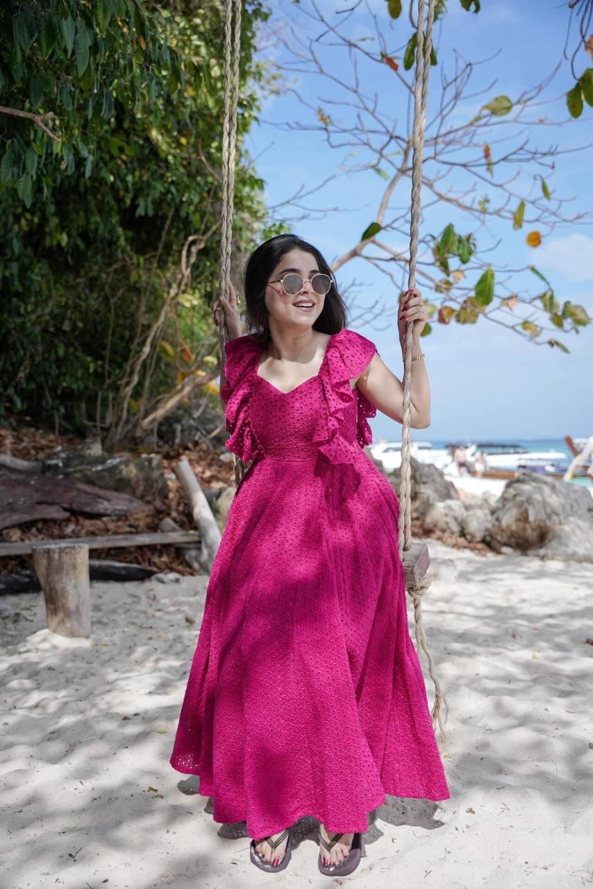 Product Image - Pink Blossom Designer Schiffli Cotton Dress - Perfect Festive Wear