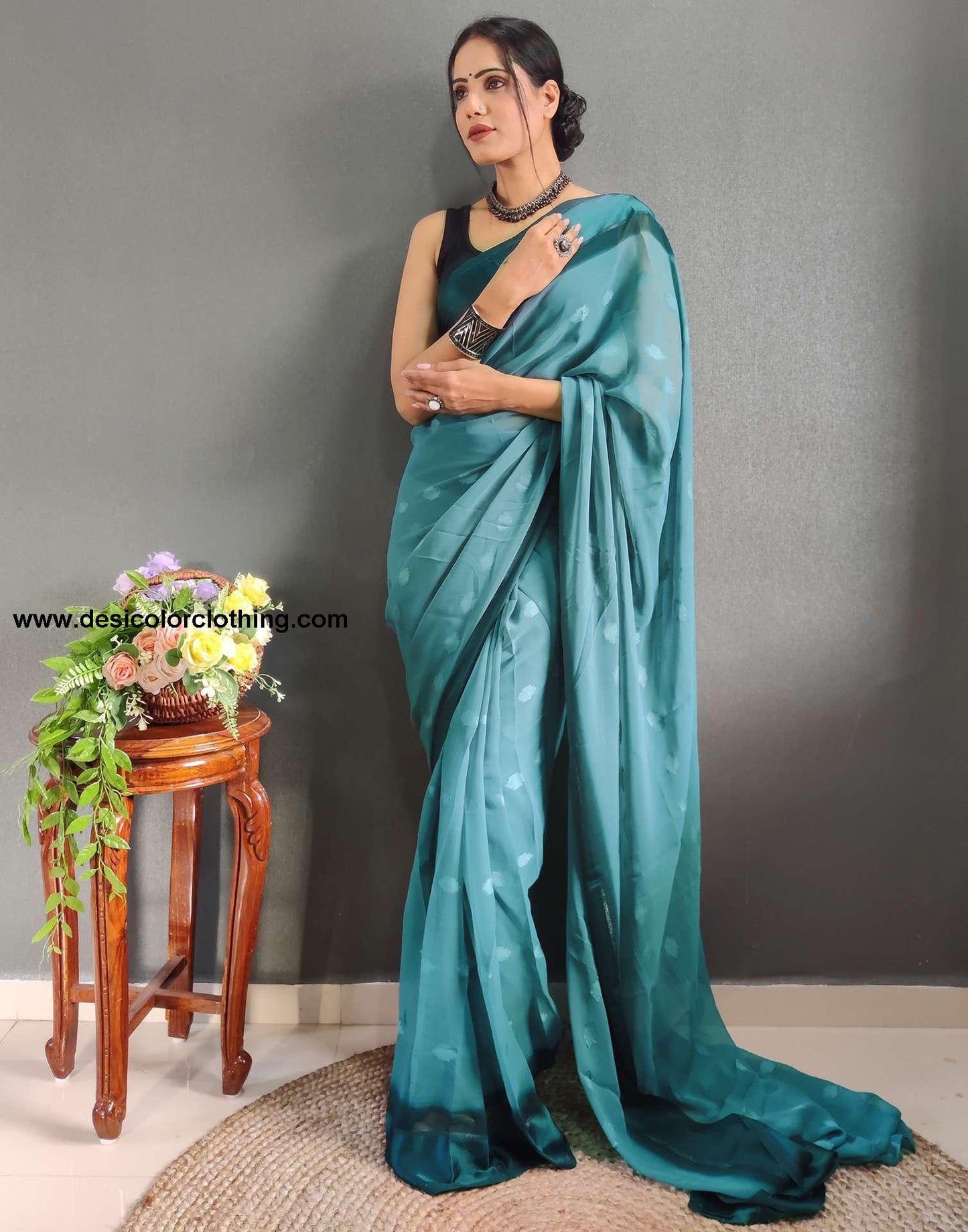 Blue Plain Georgette Pre-draped Saree