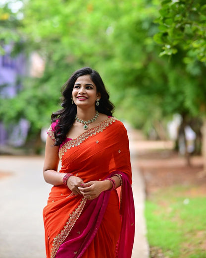 Product Image - Elegant Chinnon Saree with Heavy Embroidery and Jari Work