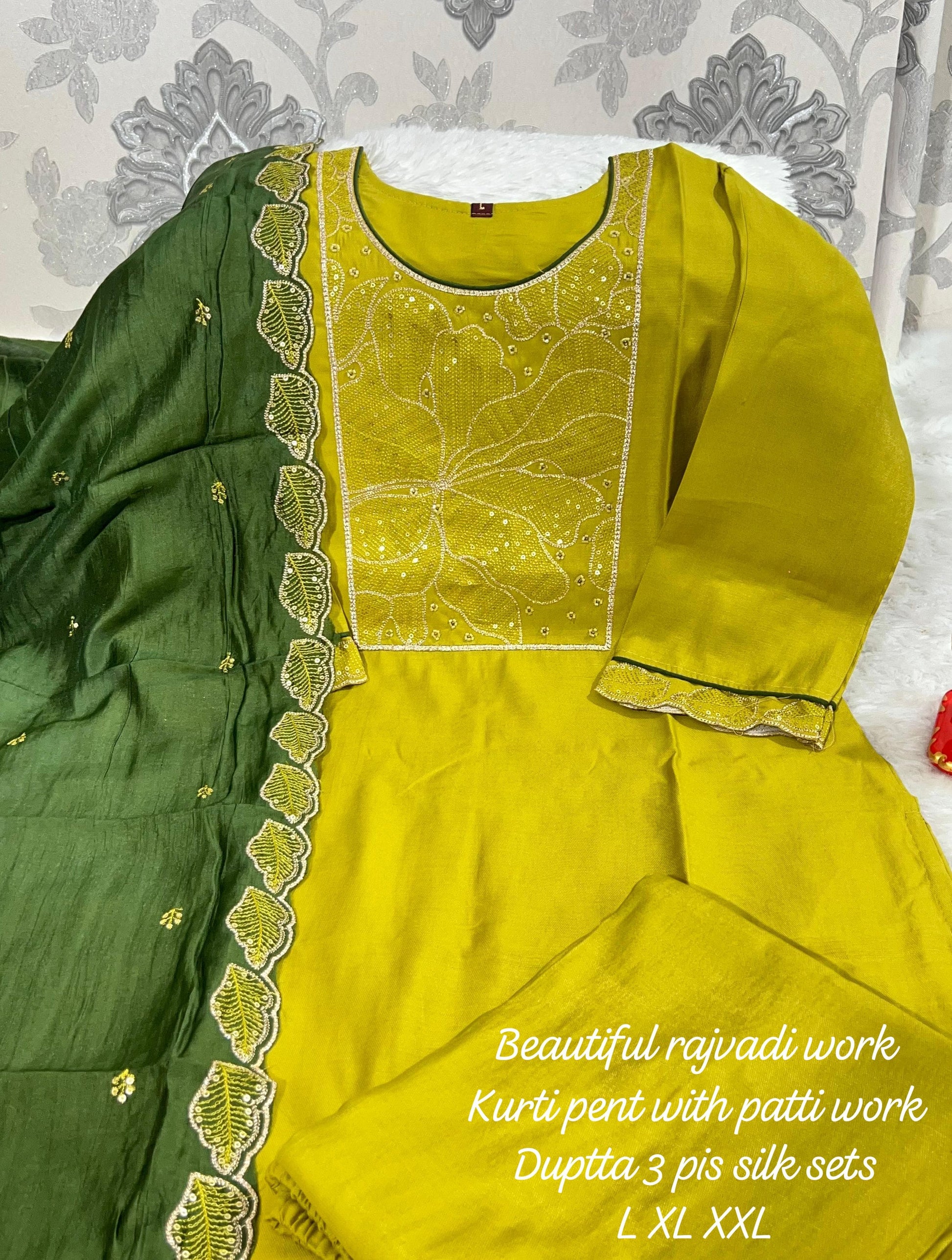 Product Image - Designer Handwork Kurti with Pant & Dupatta Set in Premium Roman Silk – Festive & Wedding Ready