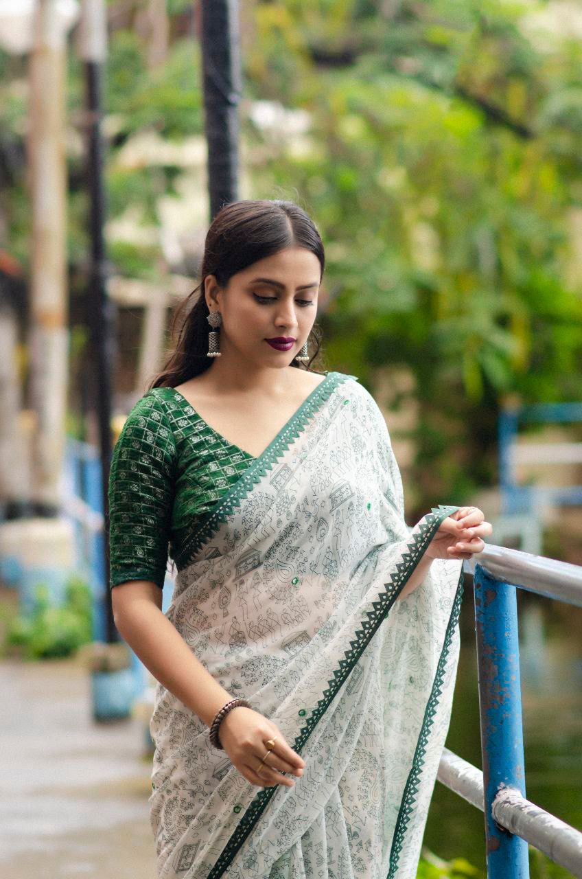 Product Image - Elegant Worli Georgette Saree with Aari Mirror Work