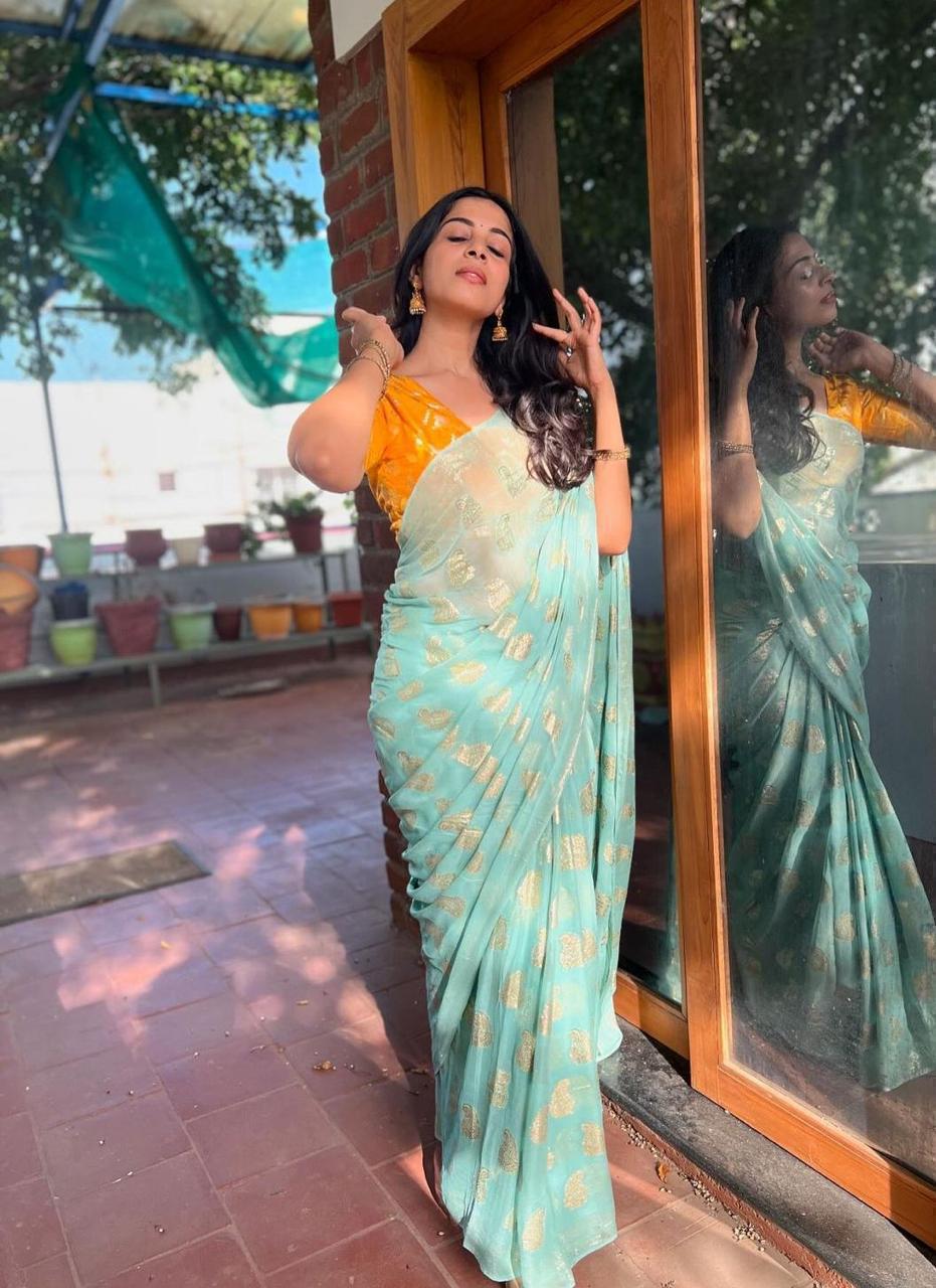 Product Image - Elegant Viscose Georgette Saree with Heavy Sequence Blouse - Festive Wear