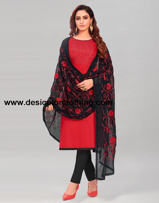 Red Cotton Handwork Unstitched Salwar Suit