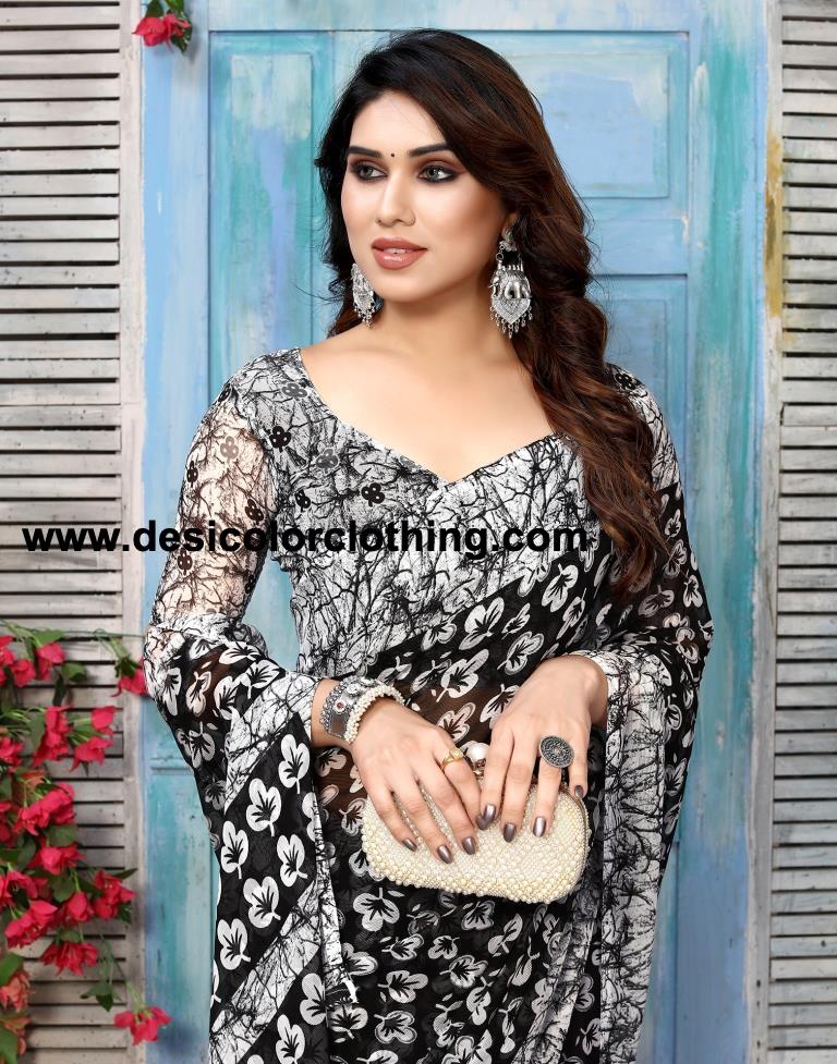 Black Chiffon Printed Saree
