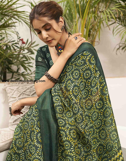 Dark Green Cotton Printed Saree