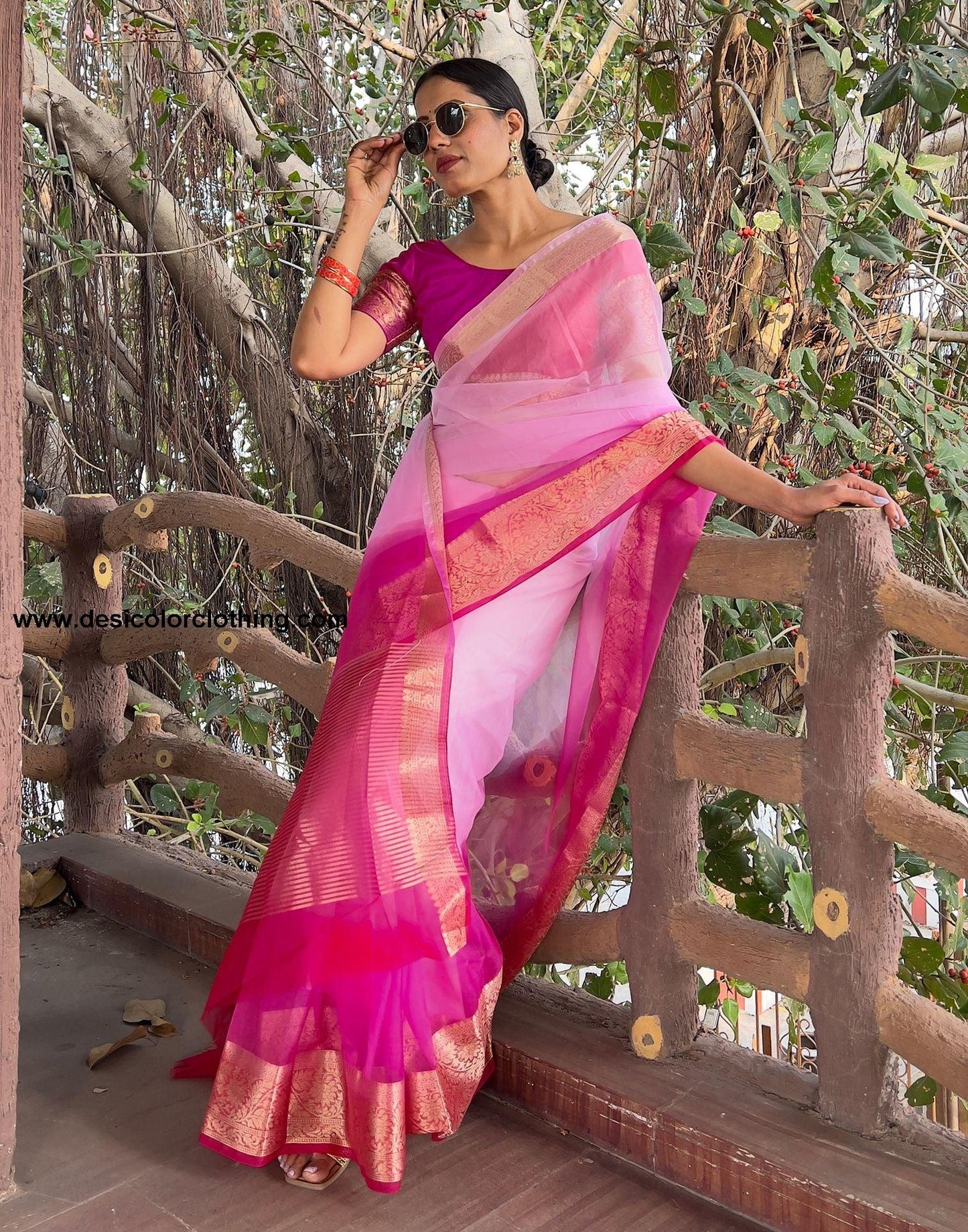 Dark Pink Plain Organza Saree