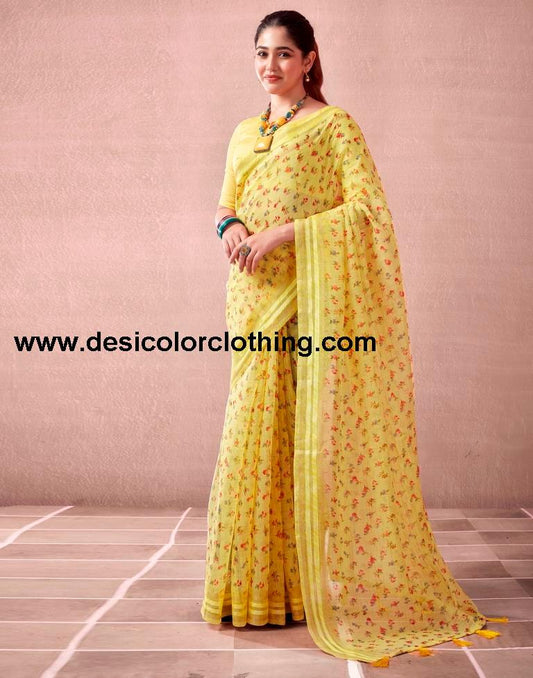 Yellow Cotton Printed  Saree