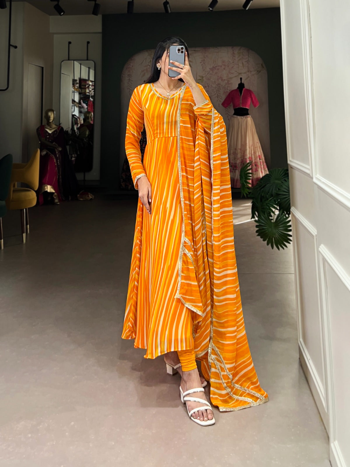 Product Image - Elegant Georgette Gown with Leheriya Print - Festive Wear