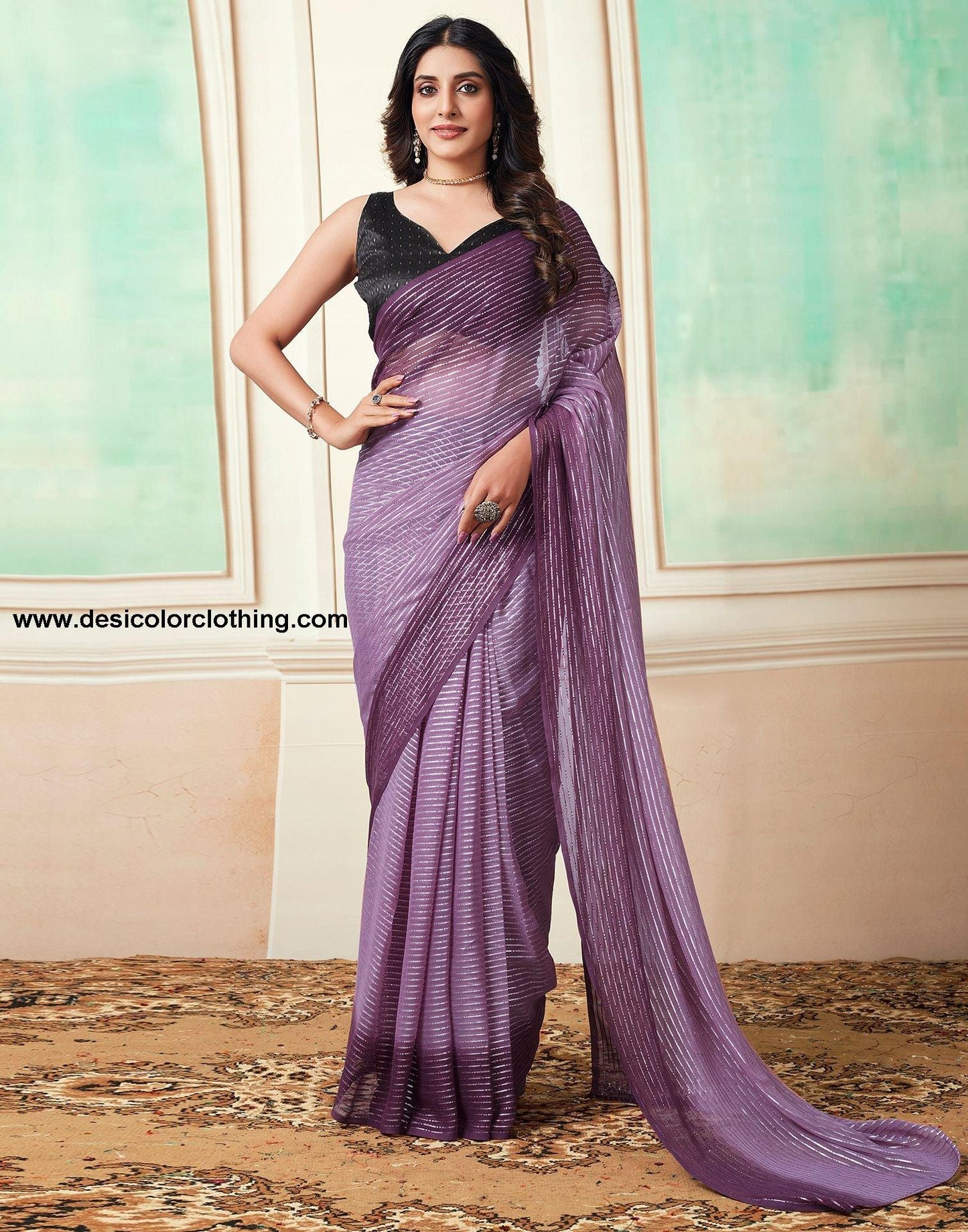 Deep Purple Plain Georgette Pre-Draped Saree