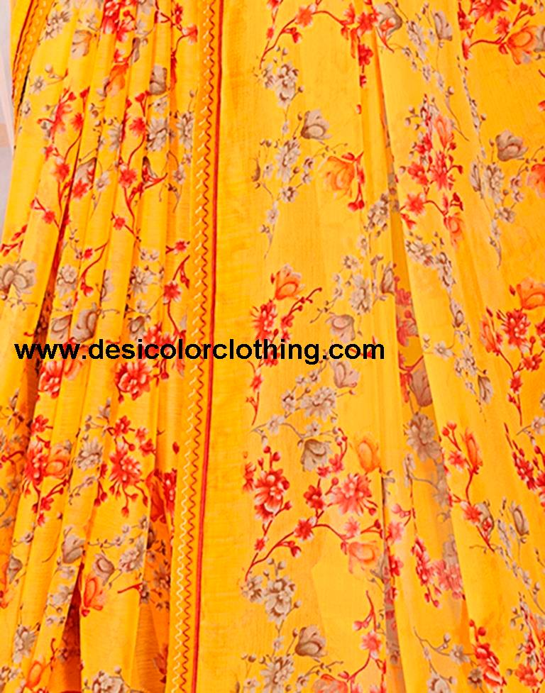 Yellow Chiffon Printed Saree