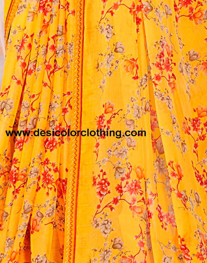 Yellow Chiffon Printed Saree
