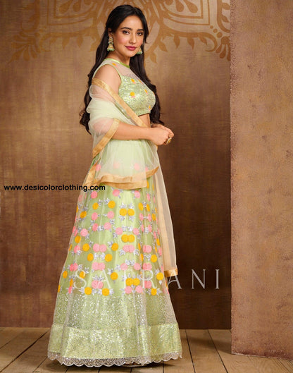 Pista Cream Coloured Net Sequence Embroidered Partywear Lehenga  | SLV125L10496
