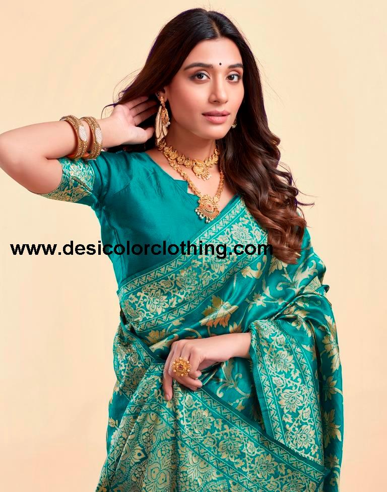 Teal Green Silk Plain Saree