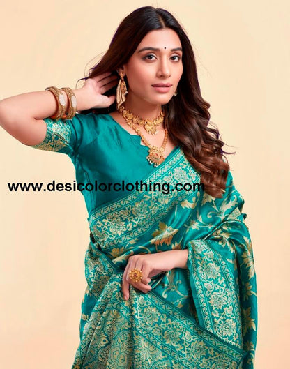 Teal Green Silk Plain Saree