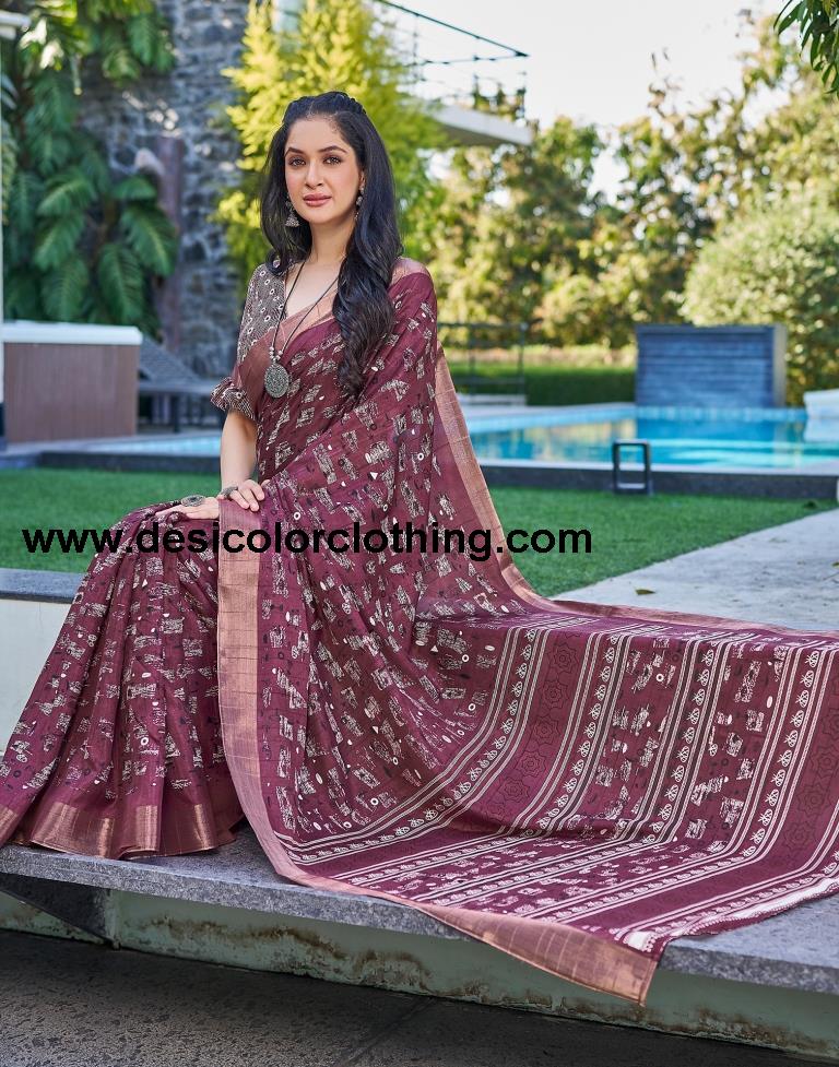 Wine Silk Printed Saree