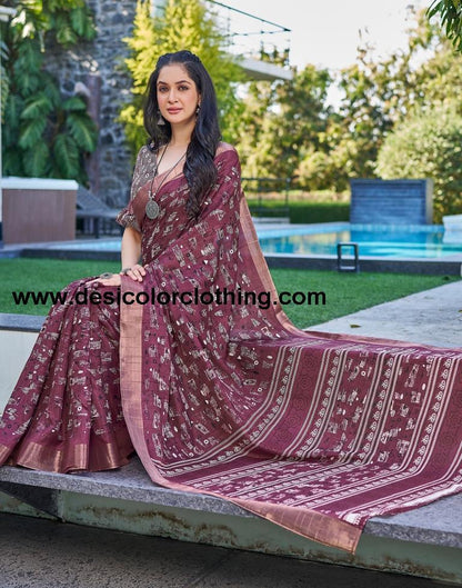 Wine Silk Printed Saree