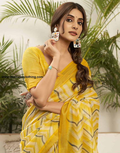 Yellow Cotton Printed Saree