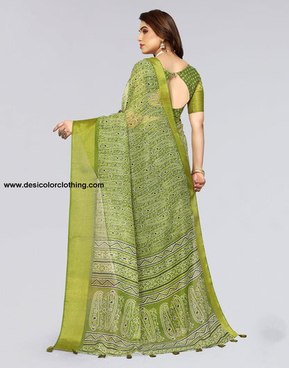 Parrot Green Cotton Printed Saree
