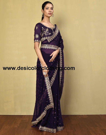 Deep Purple Georgette Plain Saree