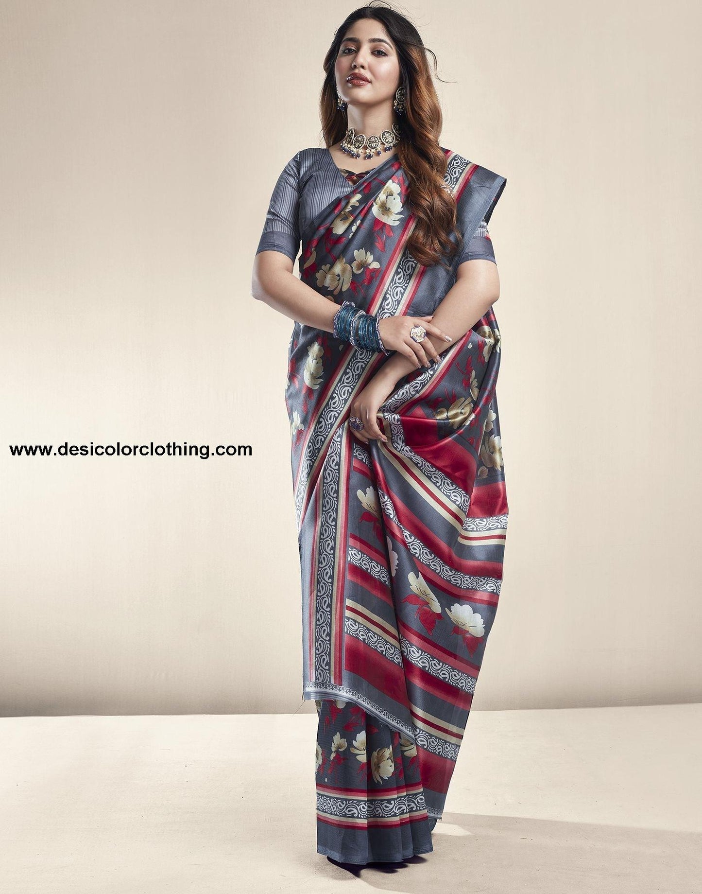 Dark Grey Printed Silk Saree