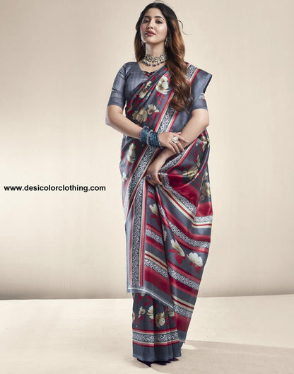 Dark Grey Printed Silk Saree