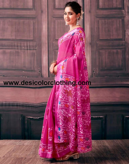 Pink Cotton Printed Sarees