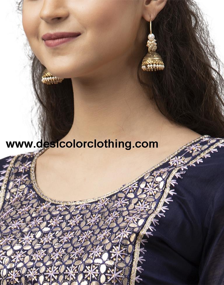 Astounding Navy Blue Cotton Thread Work Unstitched Salwar Suit