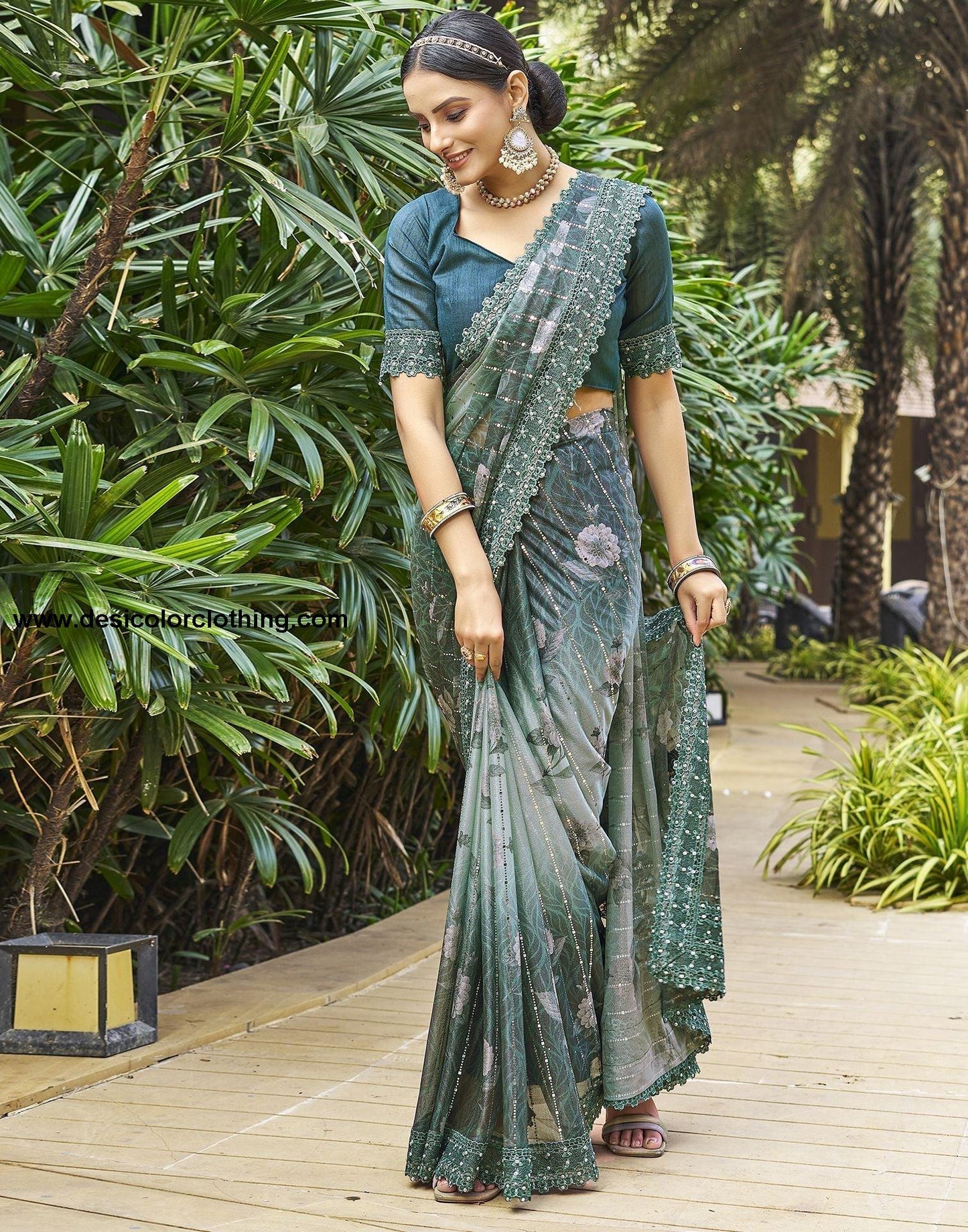 Dark Green Printed Lycra Saree