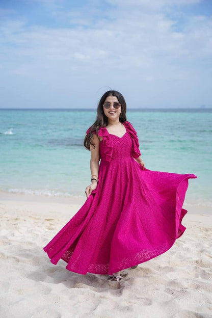 Product Image - Pink Blossom Designer Schiffli Cotton Dress - Perfect Festive Wear