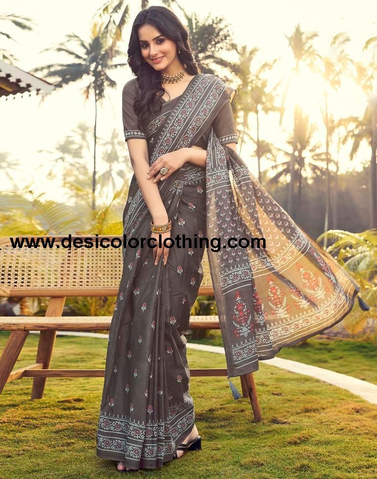 Stone Grey Cotton Printed Ready To Wear