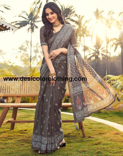 Stone Grey Cotton Printed Ready To Wear