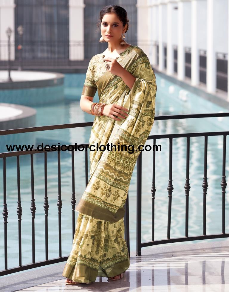 Dull Yellow Silk Printed Saree