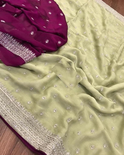 Pure chinnon chiffon sarees with all over embroidery and contrast blouse