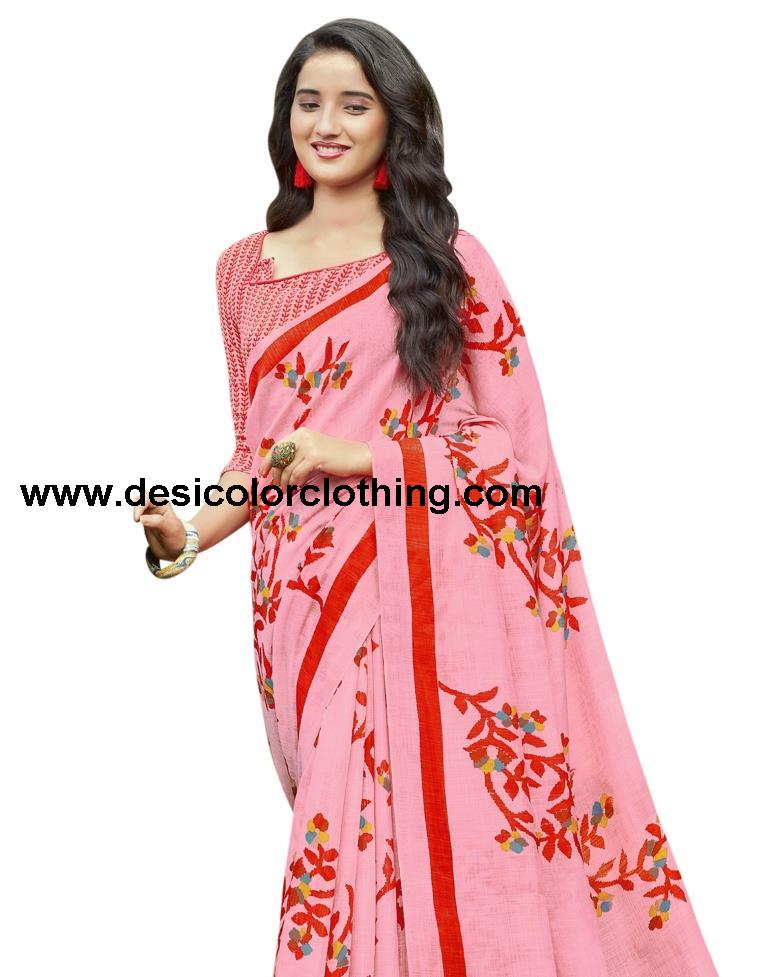 Pink Coloured Poly Cotton Printed Partywear saree